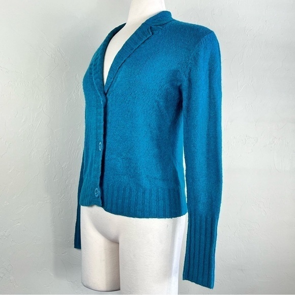 Vintage Teal Turquoise Wool Blend Button Down V neck Long Sleeve Cardigan - Picture 9 of 15